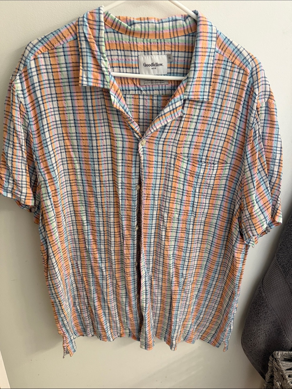 Goodfellow & Co Orange, Blue and White Plaid Short Sleeve Button-Down Shirt